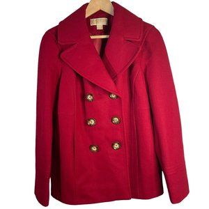 Michael Kors Large Red Wool Blend Double Breasted Pea Coat